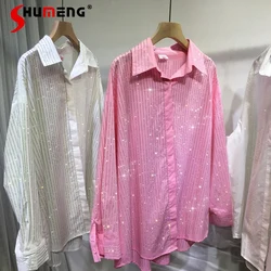 European Goods Heavy Embroidery Hot Drilling Shirt Women's Shiny Lapel Mid-Length Loose Blouse Simple Summer All-Matching Tops