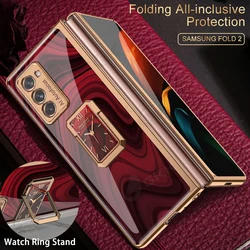 GKK Back Painted Tempered Glass Case For Samsung Galaxy Z Fold 2 Ring Holder Plating Hard Frame Cover For Galaxy Z Fold3 4 Case