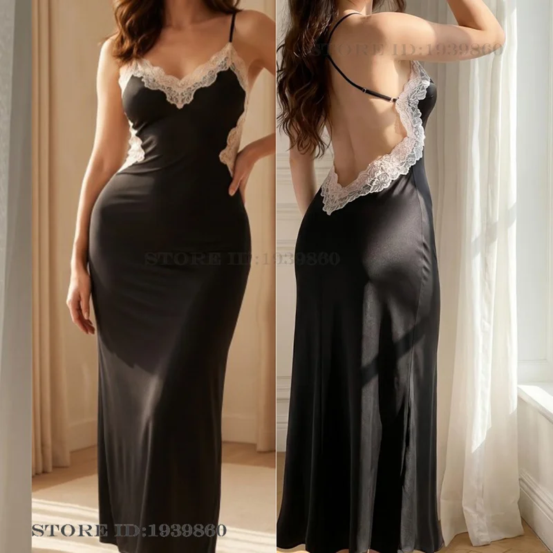 Damen Langes Nachthemd Chemise Schlafanzug Sexy Rückenfreies Träger-Nachthemd Lingerie Sommer Neu Spitzenbesatz Nachtwäsche Homewear