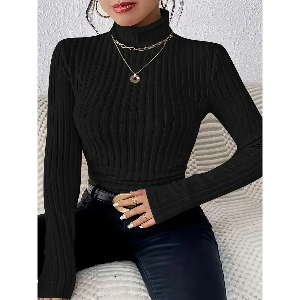 Women Turtleneck Ribbed Knit Top Long Sleeve Slim Fit Stretchy Basic Undershirt Sweater