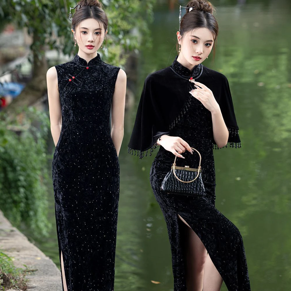 

Ele Velvet Set with awl Retro Chinese Sle Svel Dr Daily Wear Low Slit Long Qipao for Women 25-35