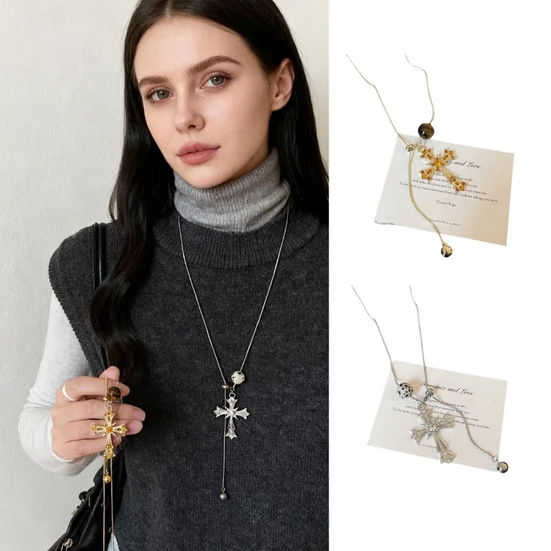 

Rhinestone Cross Pendant Necklace Unique Niche Everyday Commuter Sweater Chain Luxury-Inspired Sophisticated Neck Accessory