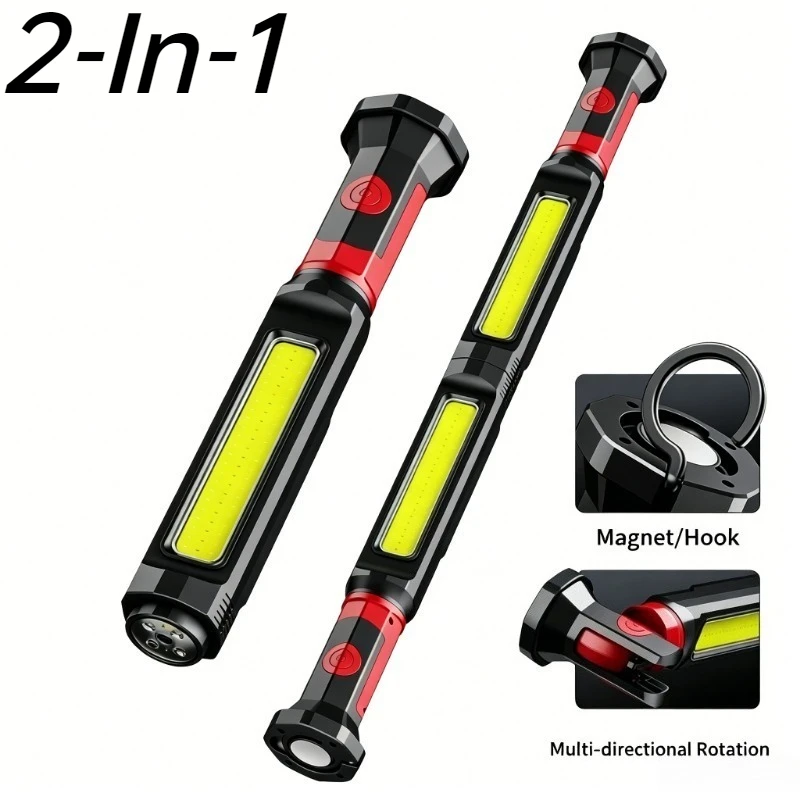 2-In-1 COB Work Light Magnetic Hook Rotatable Head Rechargeable Car Repair Lamp Underhood Work Lamp Bar For Camping Emergency