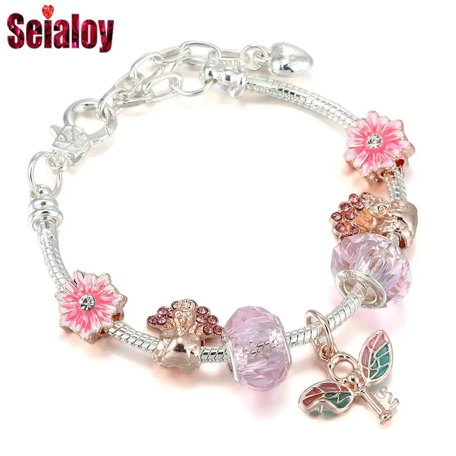 Seialoy Rose Gold Color Peacock Crystal Beads Winged Key Charm Bracelets For Women Daisy Blossom Beaded Lobster Clasp Bangle