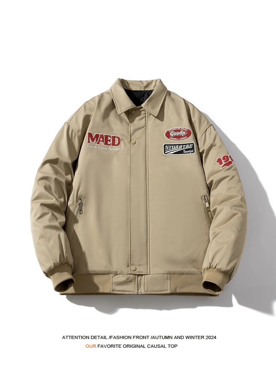 

Мужская бейсбольная куртка в американском ретро-стиле с вышивкой, свободного кроя, с воротником, осенне-зимняя, из полиэстера, ветрозащитная, на флисовой подкладке