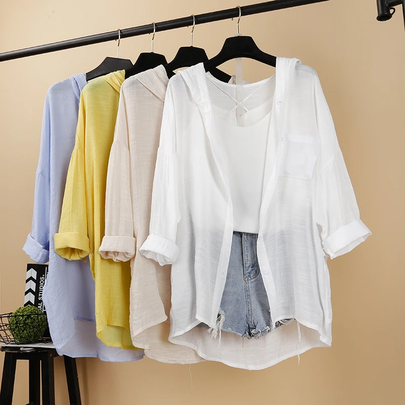 

Женская рубашка, повседневная, хлопковая, конопляная, 2022, летняя, свободная, с длинным рукавом, блузки, тонкая, для отдыха, с капюшоном, Солнцезащитная одежда, Топ для женщин