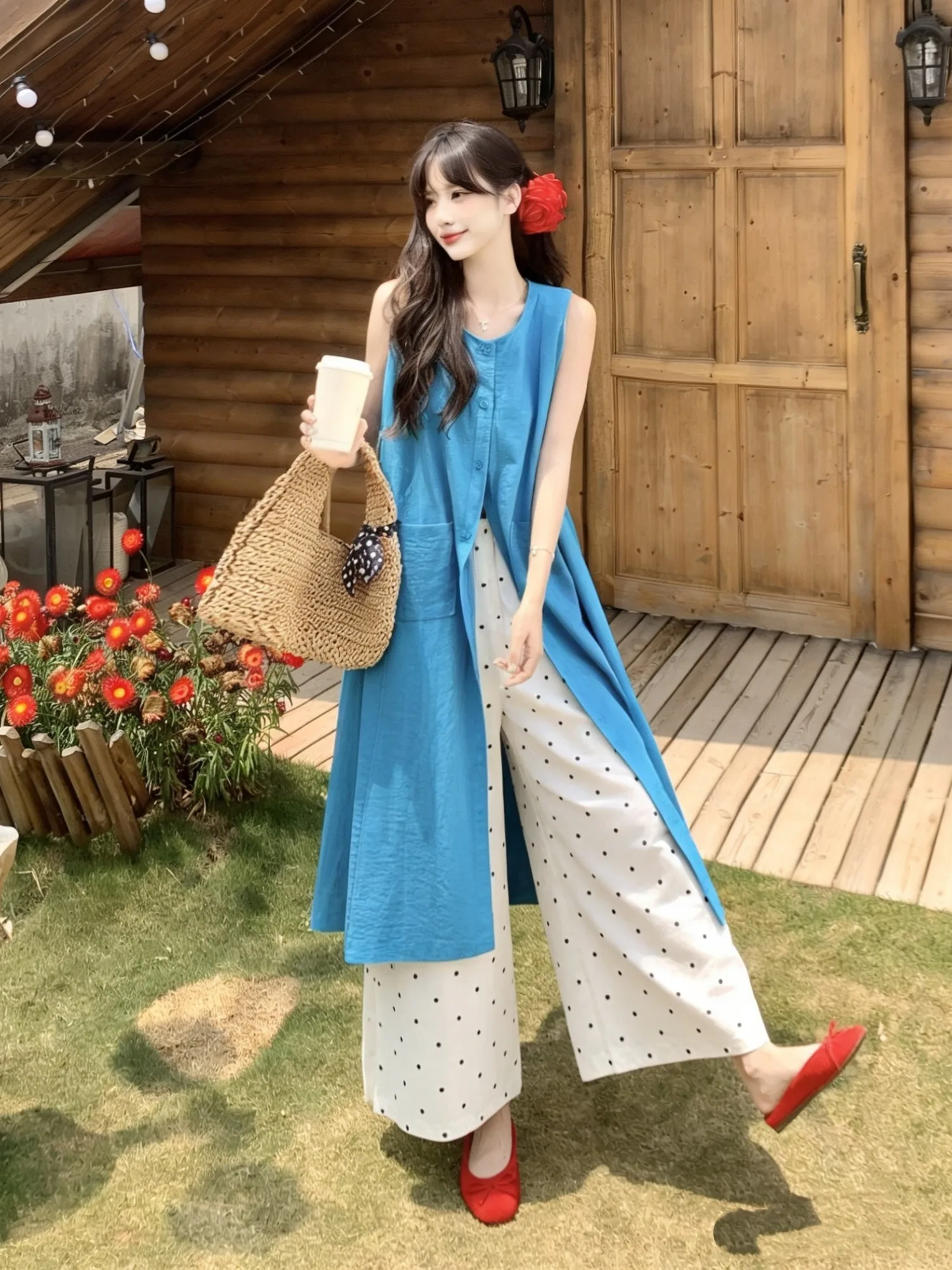 

plus Size Lazy Style Women's Fashion Vest Dress Summer Loose Slimming Polka Dot Casual Wide Leg Pants Outfit Set