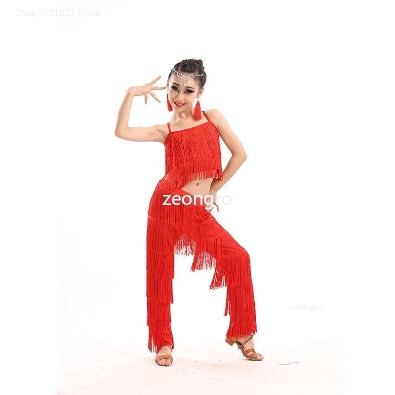 Kids Latin Dance Costumes Ballroom Plus Size Fringe Tassel Dress Pants Girls Sequin Salsa Samba Children Stage Outfits Costume