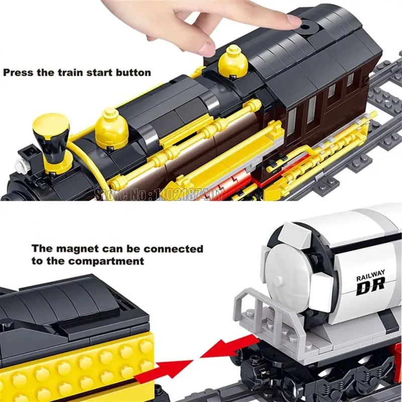 Ql0313 1464 قطعة تعمل بالبطارية الكهربائية الرجعية قطار السكك الحديدية المسار السكك الحديدية اللبنات لعبة الطوب