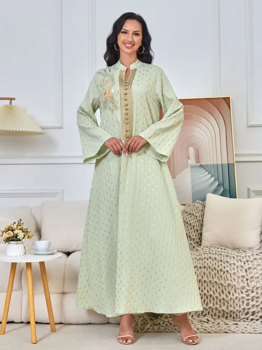 Muslim Party Dress Women Abaya Eid Ramadan Beading Vestidos Largos Dubai Robe Jalabiya Long Dress Belt Morocco Kaftan 2024