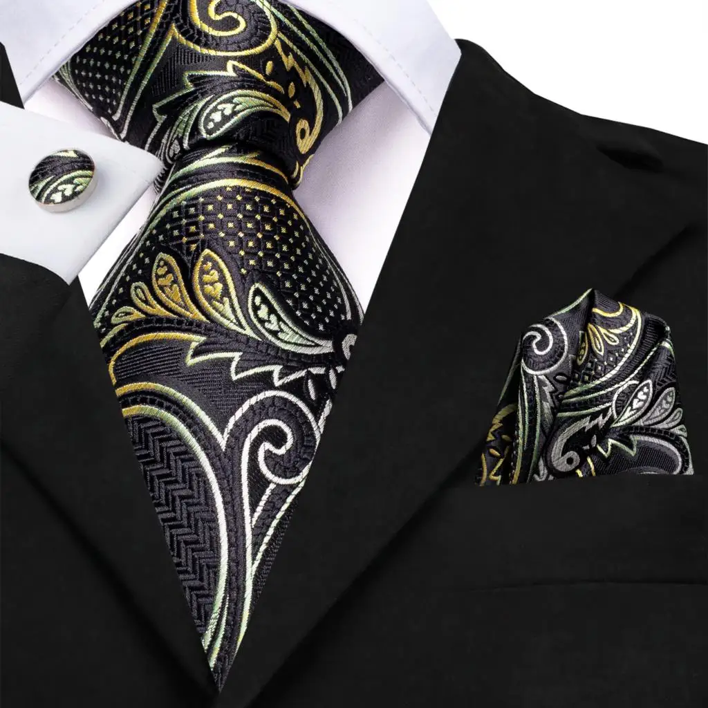 

Black Silver Paisley Silk Wedding Tie For Men Handky Cufflink Gift Men Necktie Fashion Business Party Dropship Hi-Tie Designer