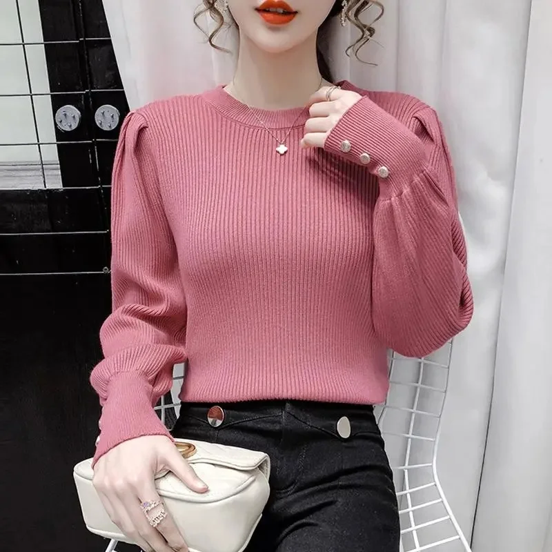 

2024 Women Long Sleeves Sweater Autumn Winter Female Pit Strip Pullover Knitting New Ladies Loose Fitting Puff Sleeve Knitwear