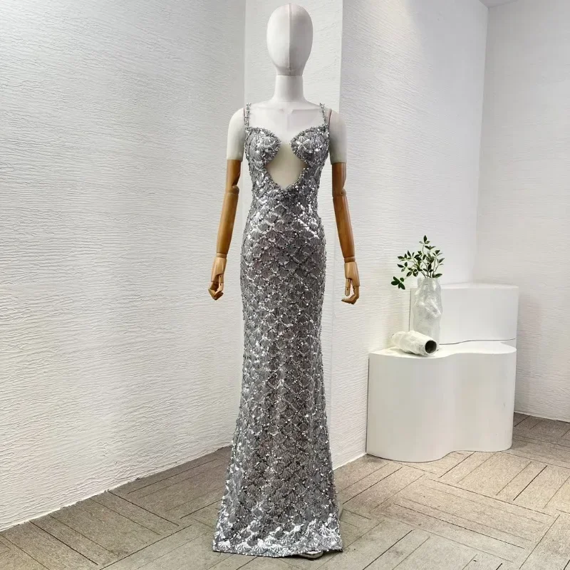 New Collection Sliver Sleeveless Floor Length Strapless New Fashion Sexy Cut Out Sequined Women Maxi Dresses for Party