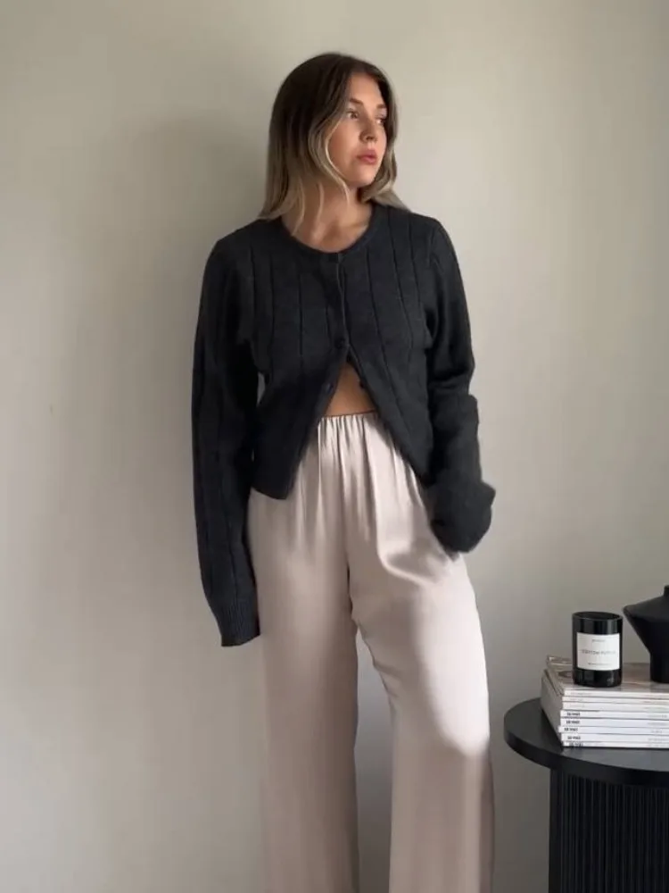 Elegant Knitted Cardigan for Women Fashion Single Breasted Slim Jacket Coat Autumn Long Sleeve Knitwear Tops 2024 Solid Outwear