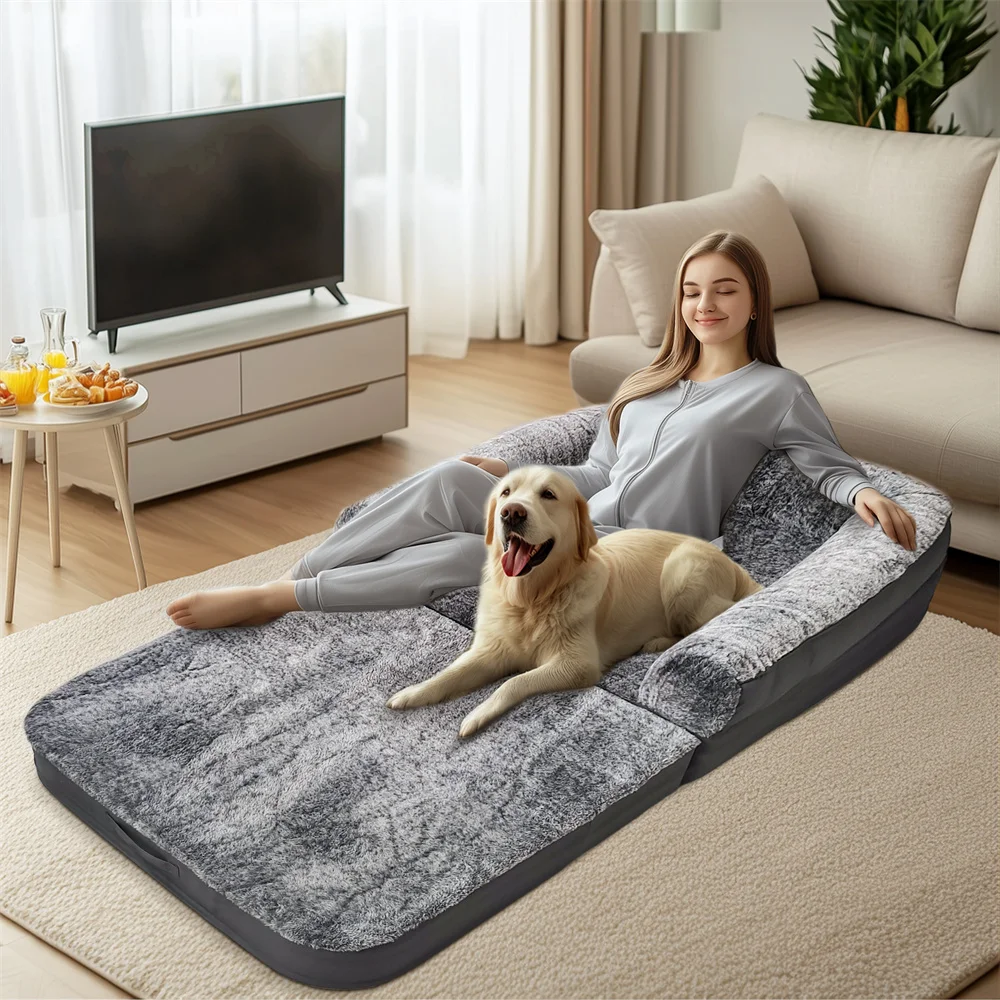 Foldable Human Dog Bed for Adult 2 in 1 Calming Large Dog Bed Washable Waterproof Dog Sofa Couch Bed Plush Cover Bolster Lounge