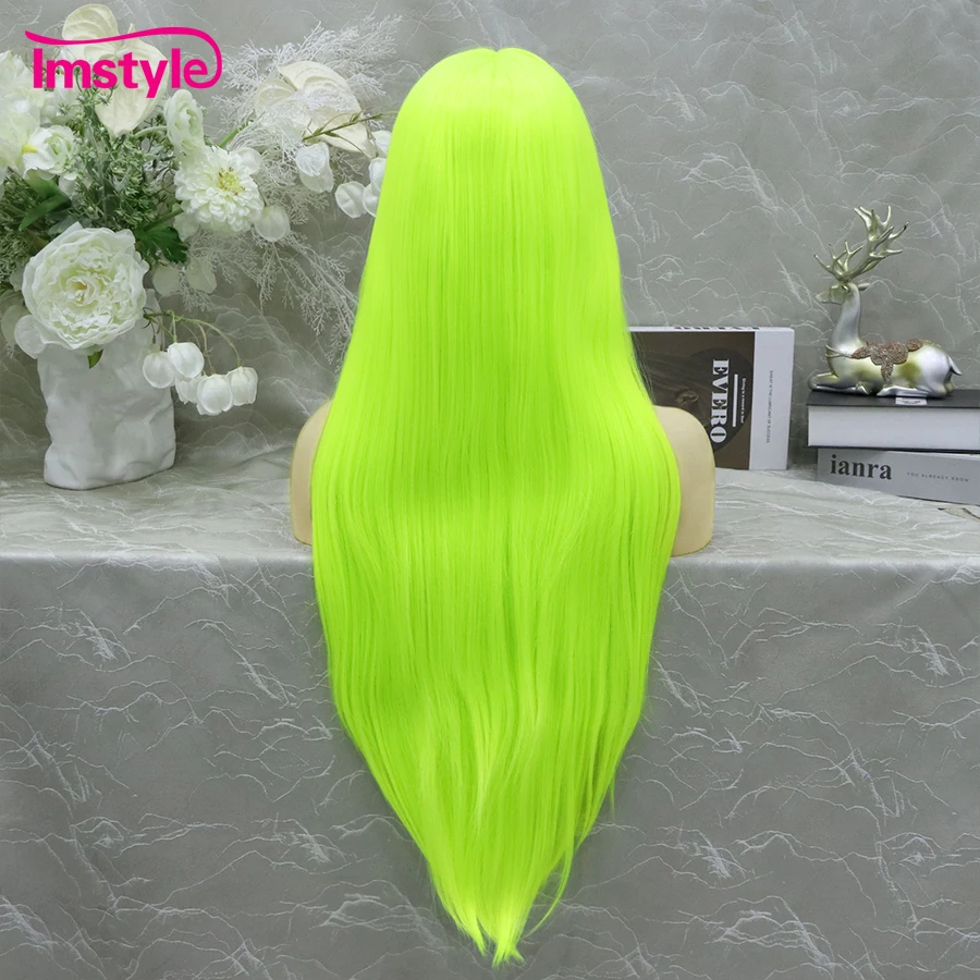 Imstyle Fluorescent Green Long Wig Synthetic Lace Front T Part Straight Hair Wigs for Women Heat Resistant Fiber Cosplay