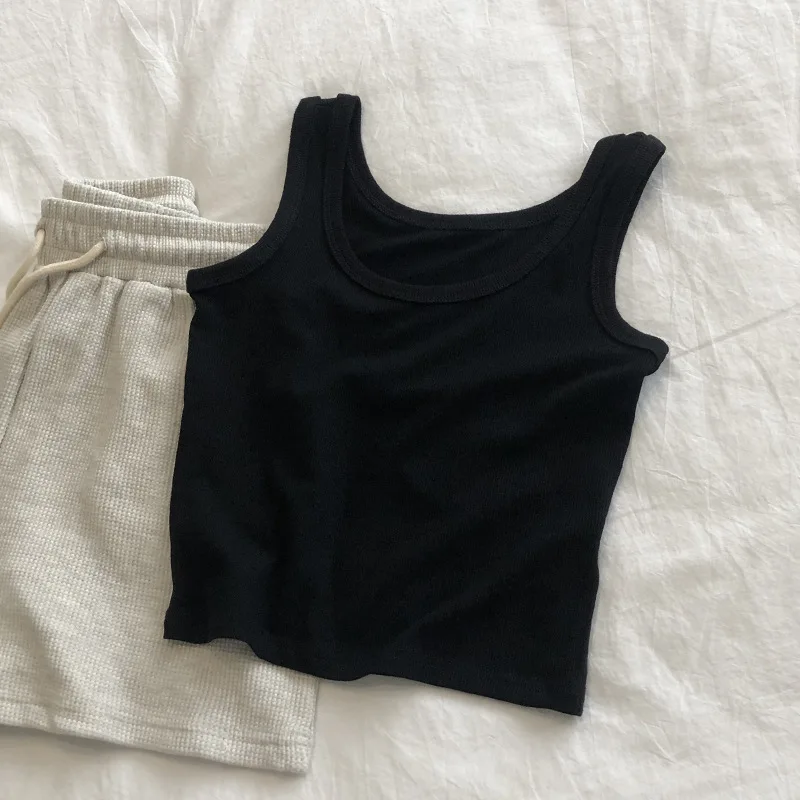 Fashionable Summer Solid Color Round Neck Threaded Elastic Vest for Women, Slim Fit and Slimming, Short Inner Top