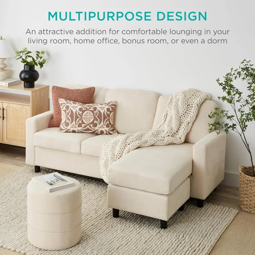 

Upholstered Sectional Sofa for Home, Apartment, Dorm, Bonus Room, Compact Spaces w/Chaise Lounge, 3-Seat, 680lb Capacity - Ivory