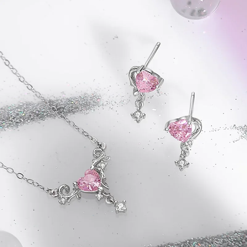 RYJU Shiny Y2K Silver Color Love Zircon Earrings for Women 925 Sterling Silve Delicated Pink Crystal Sweet Cool Girl Jewelry image 4