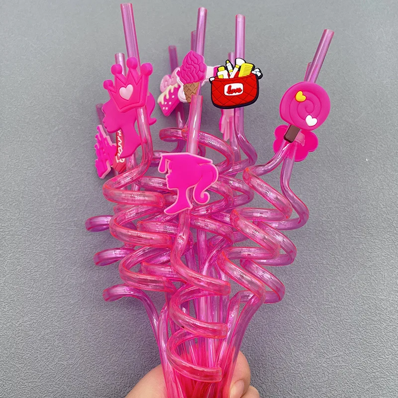 6Pcs Pink Barbie Princess Party Straw Reusable Cartoon Plastic Curved Straw Children's Birthday Party Tableware Decoration