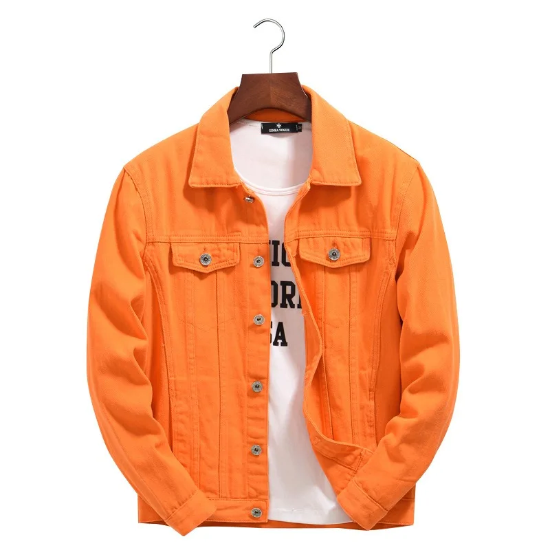 

Trendy Spring and Autumn Denim Jacket Men Plus Size Orange Coat Loose Spliced Lapels Casual Handsome Tops Men's Denim Clothing