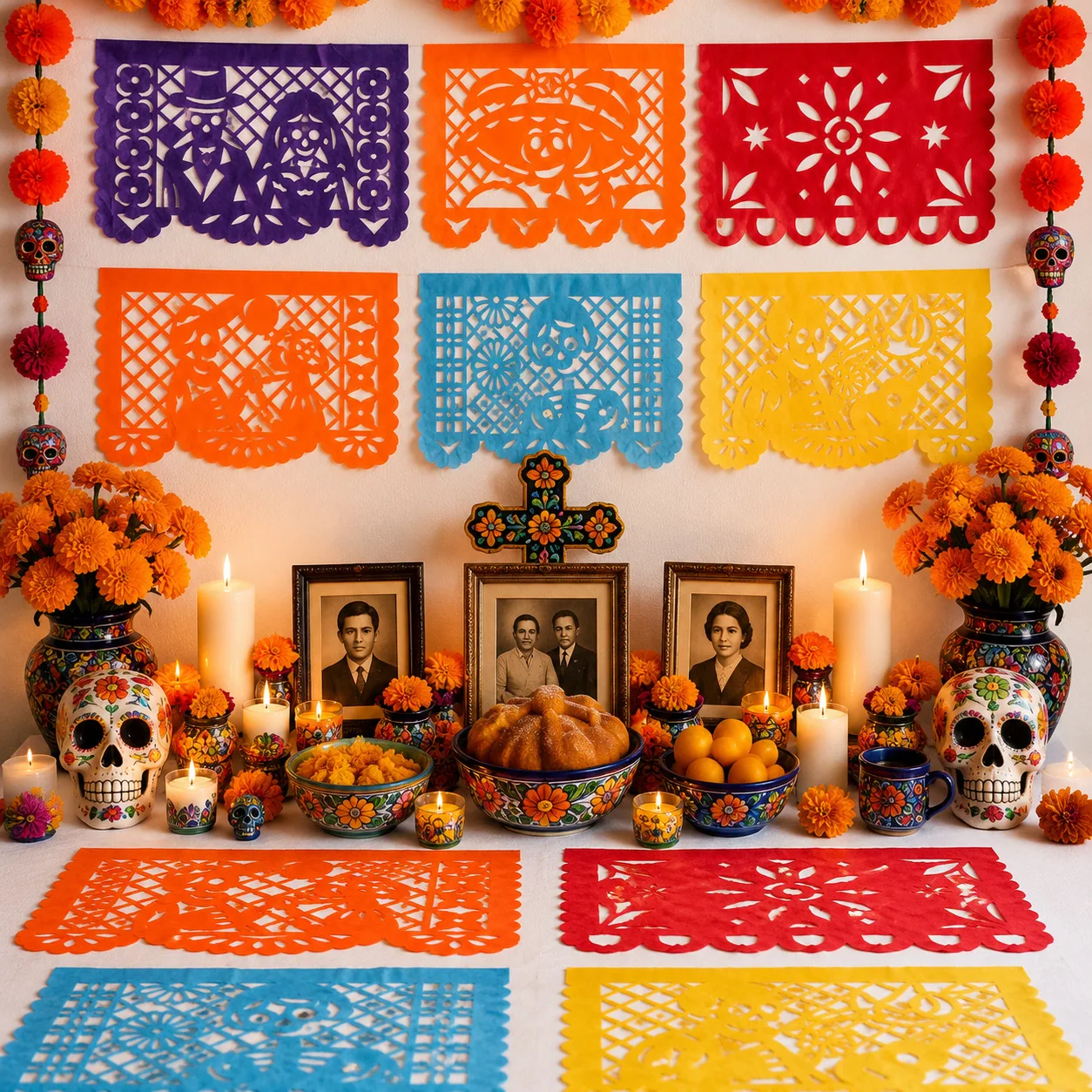 Mexikanisches Tag der Toten Papel Picado Banner 50 Stück Hohle Totenkopf-Blumen-Ausschnitt-Fahnen-Girlande Dia De Muertos Fiesta Party Hängedekoration – Detail 13