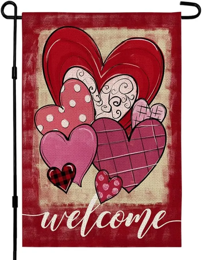 CROWNED BEAUTY Valentines Day Garden Flag 12×18 Inch Double Sided for Outside Heart Small Holiday Welcome Yard Decoration