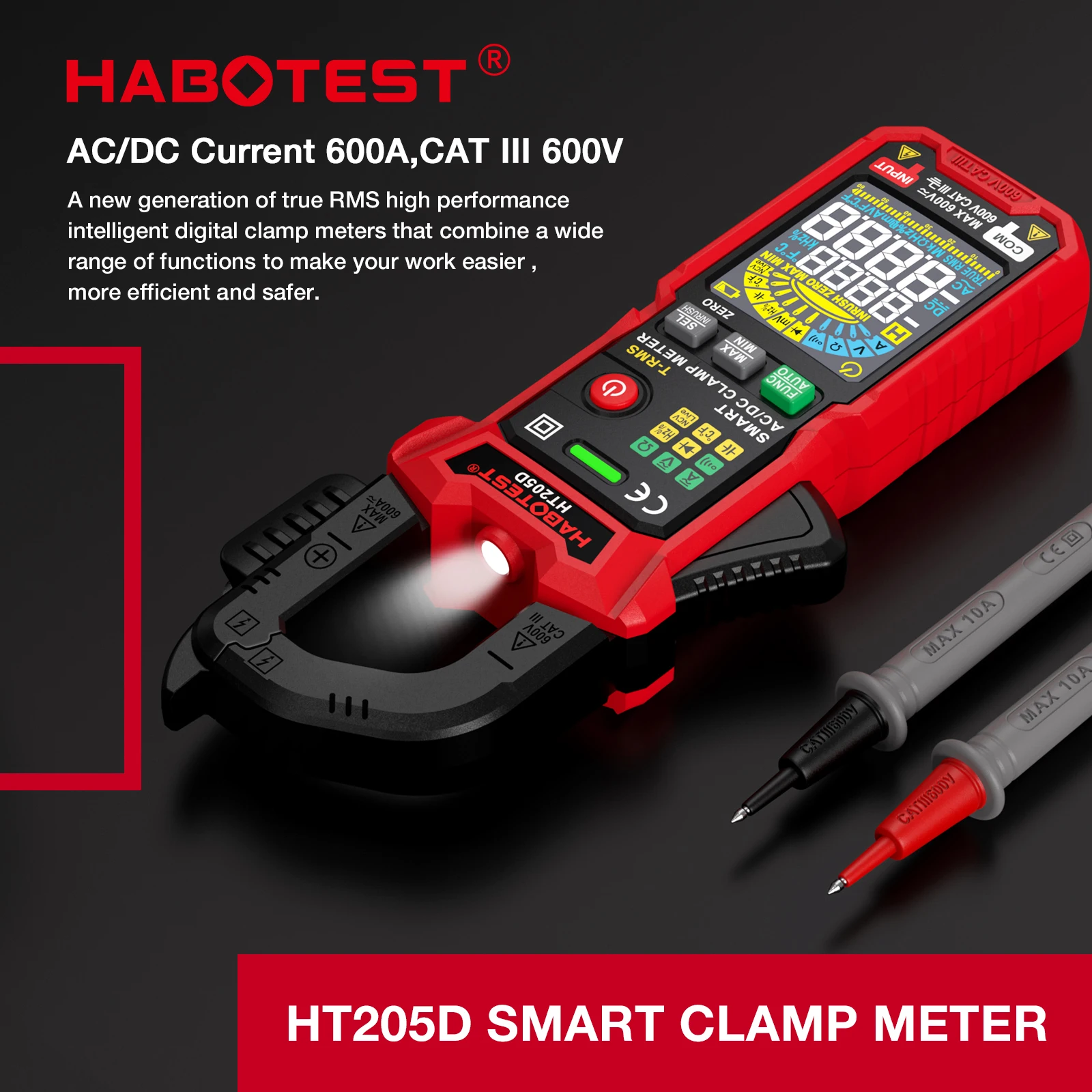 HABOTEST HT205 Inrush Clamp Meter 600A True RMS AC/DC Current Amp Meter Measures Current Voltage Temperature Capacitance Tester