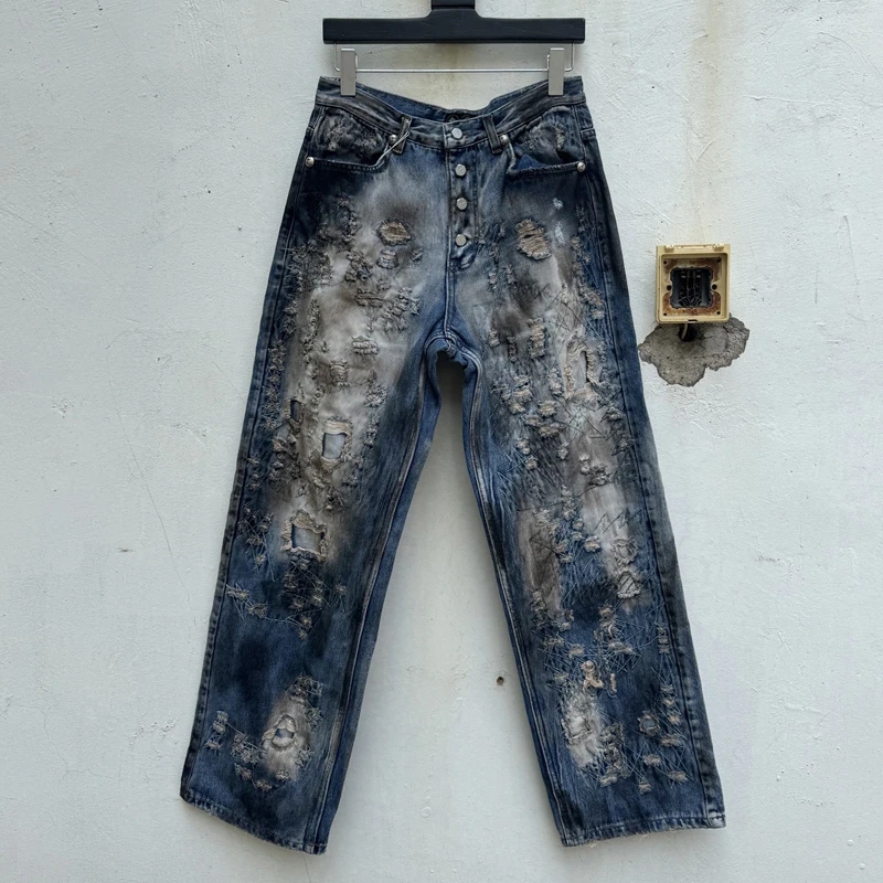 힙합 스타일 빈티지 데미지 라인 찢어진 바지 유럽 미국 하이 스트리트 트렌드 남녀 데님 바지 쓰그 클럽 청바지