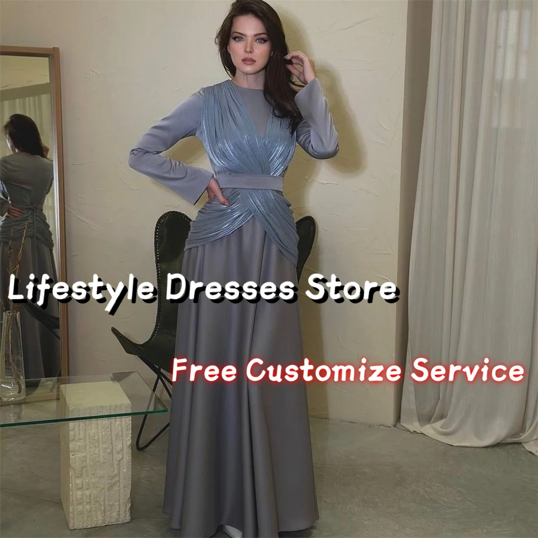 

Elegant Women Prom Dress With Glossy Satin A-Line Long Sleeves Formal Dresses For Wedding Guest 2024 Arabia Party Gown