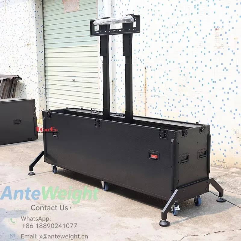 All in Black Motorised TV Lift Flight Case for 98inch Screens with Double Lifting Posts and Support Feet