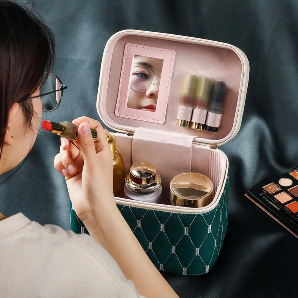 Multi-functional PU Leather Cosmetic Bag Large Capacity Waterproof Cosmetic Storage Box Anti-crush with Mirror Makeup Bag Women