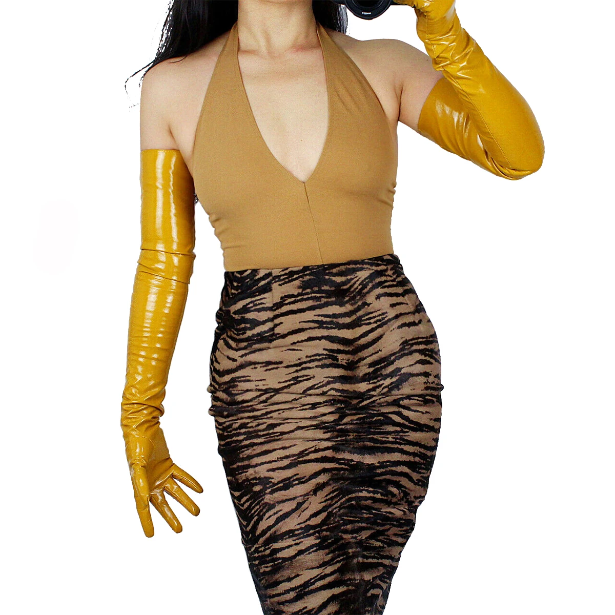 DooWay Women's Shine Yellow Patent Gloves Faux Latex Leather Wet Look Opera Evening Party Dressing Cosplay Fashion Costume Glove