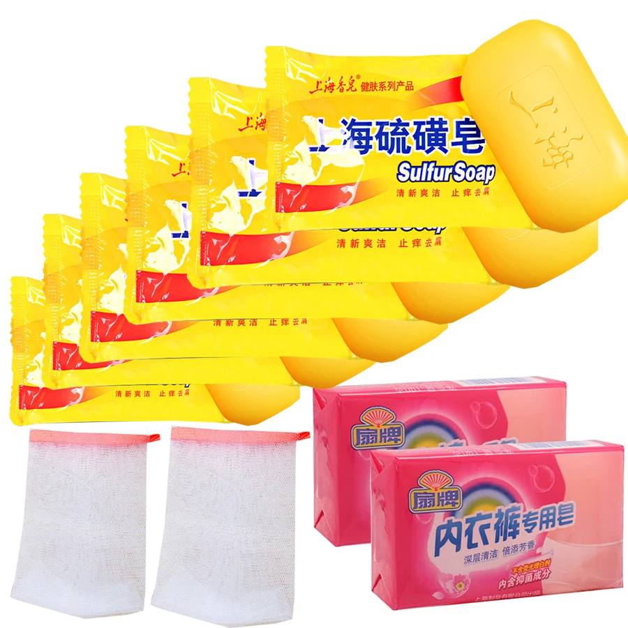

Bee & Flower 6 Pack Shanghai Sulfur Soap Bundle with 2 Pack Fan Underwear Laundry Soap Bar for Family Use