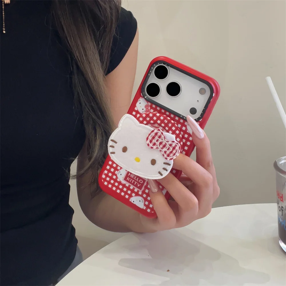 

Korean INS Plaid embroidery Hellokitty For Magsafe magnetic Holder case for iPhone 15 14 13 16 Pro Max 17 Pro protective cover