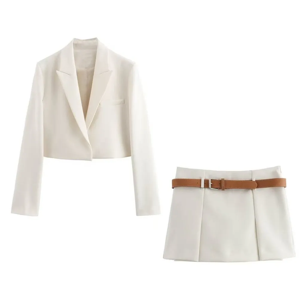 Vrouwen Blazer Rok Set Lange Mouw Revers Korte Jas Slanke Mini Rokken Shorts Met Riem Elegant Solid Office Lady Pak