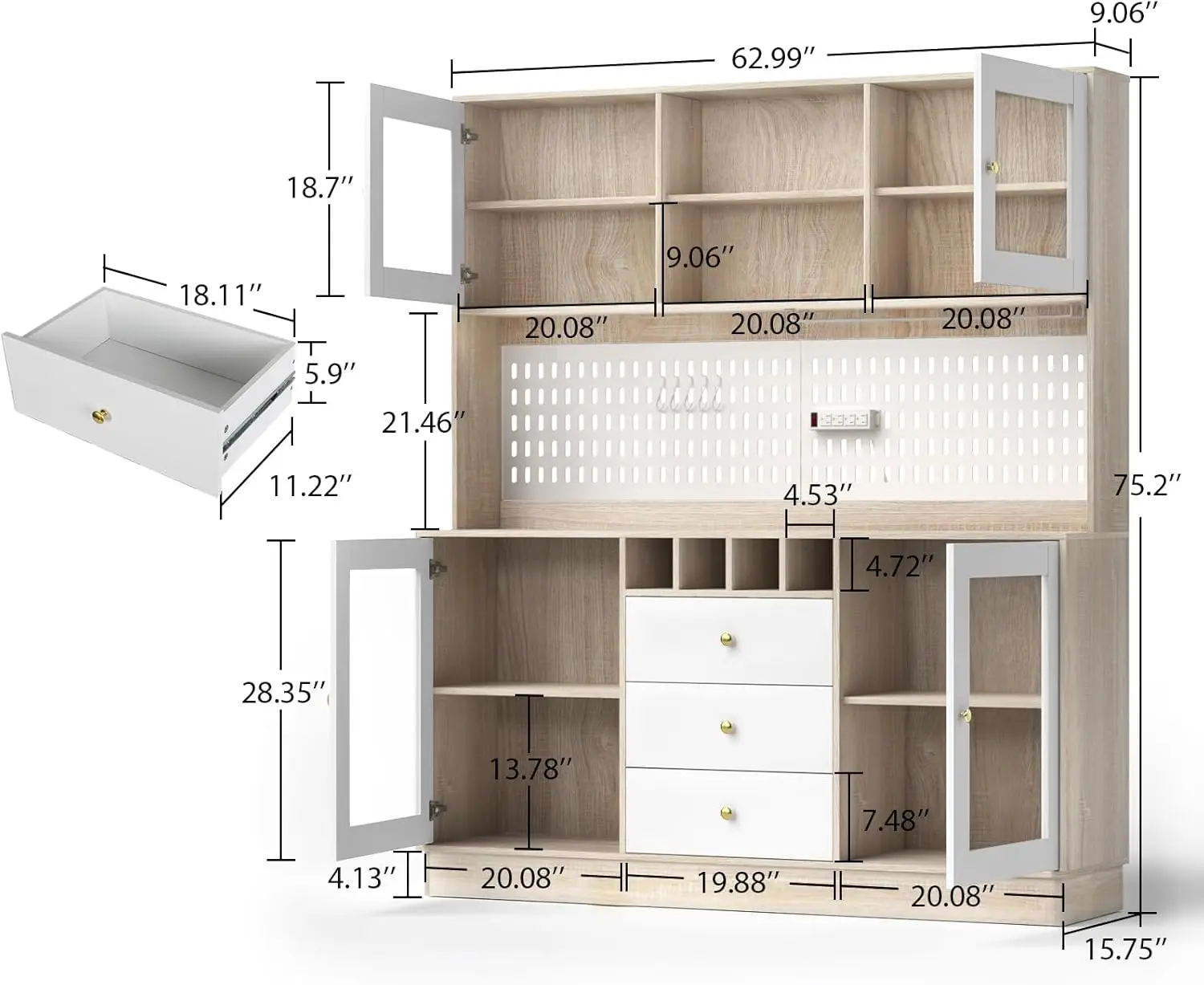 Freestanding Buffet Hutch with Pegboard, Cup Holder, Power Outlet, 4 Doors & 3 Drawers, Cupboard with Microwave Shelf & Wine