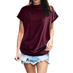 Women Turtleneck Short Sleeve Cotton Solid Casual Blouse Top T Shirt Plus Women's loose high necked short sleeved bottom shirt