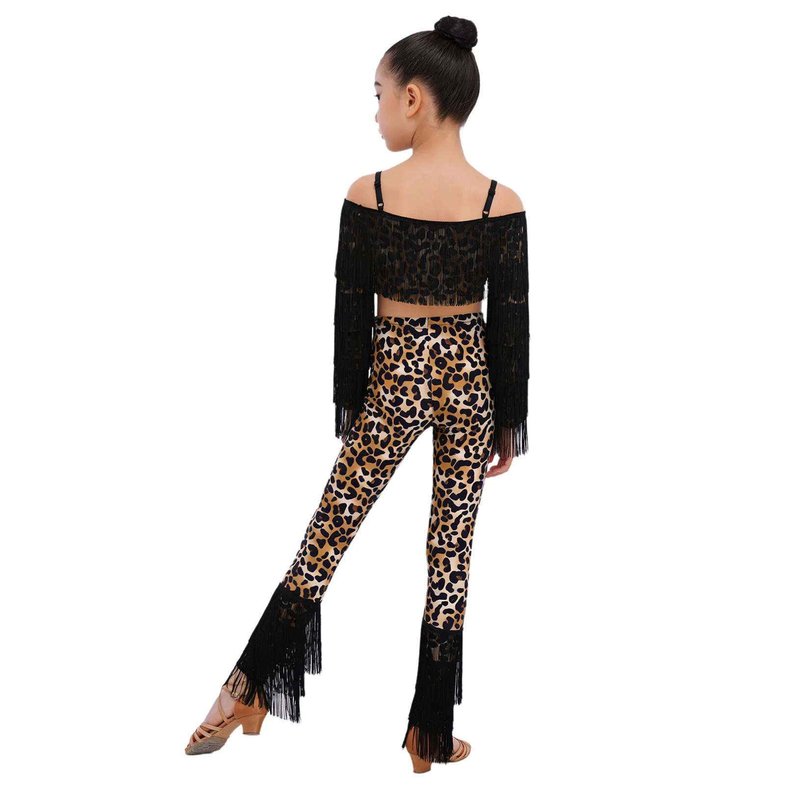 Girls Leopard Print Dance Outfit Tassel Accents Long Sleeve Crop Top And Elastic Waist Pants for Latin Tango Dance Performance