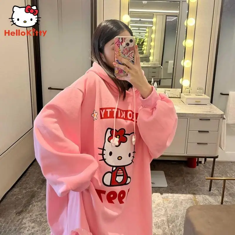 Plus Size Women Clothing Anime Hellokitty Stuff Sweatshirt Dress Thick Fleece Loose Hooded Tops Girl Cartoon Long-Sleeved Hoodid