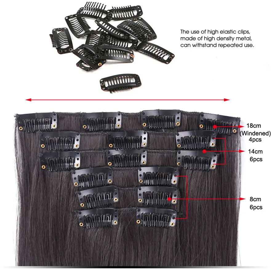 16 Clips In Hair Extensions 22 Inches Straight Hairpieces 6Pcs/Set Heat Resistant Synthetic Fiber Full Head Diy Hair Extensions