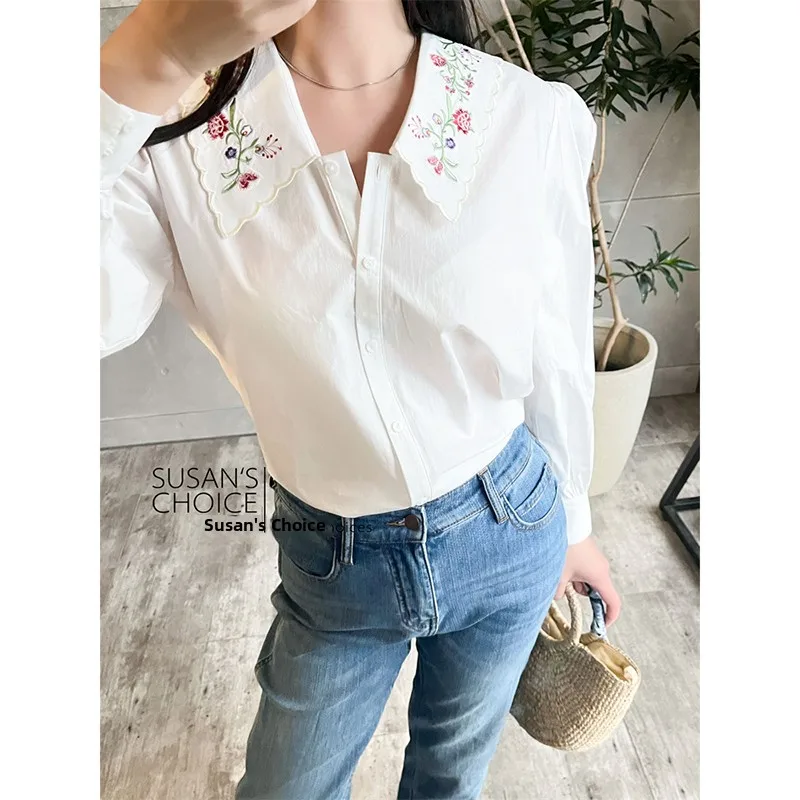 

Susan Vintage Retro Er Fei E Colored Doll Collar Embroidered Versatile irt Top Cotton Long Sve Straight Cut Spring Faion