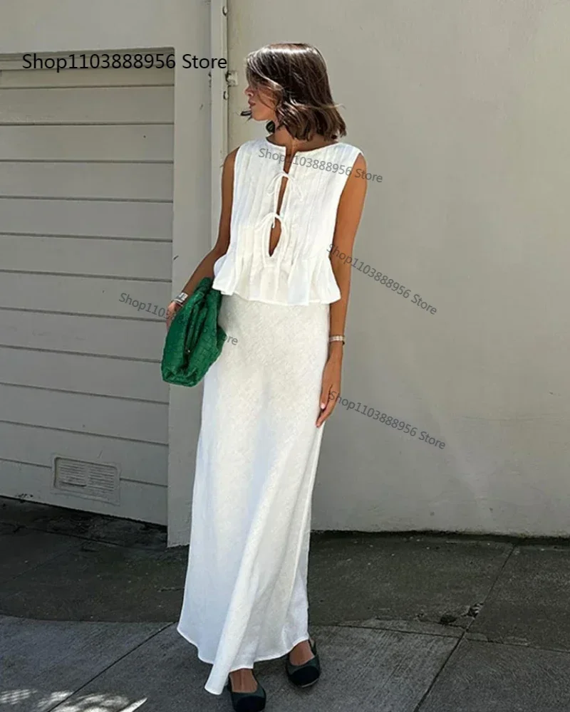 

Elegant Chic Solid Woman Skirts 2 Piece Set Lace Up Bow O Neck Sleeveless Ruffled Hem Top Suits 2024 Female High Street Outfits