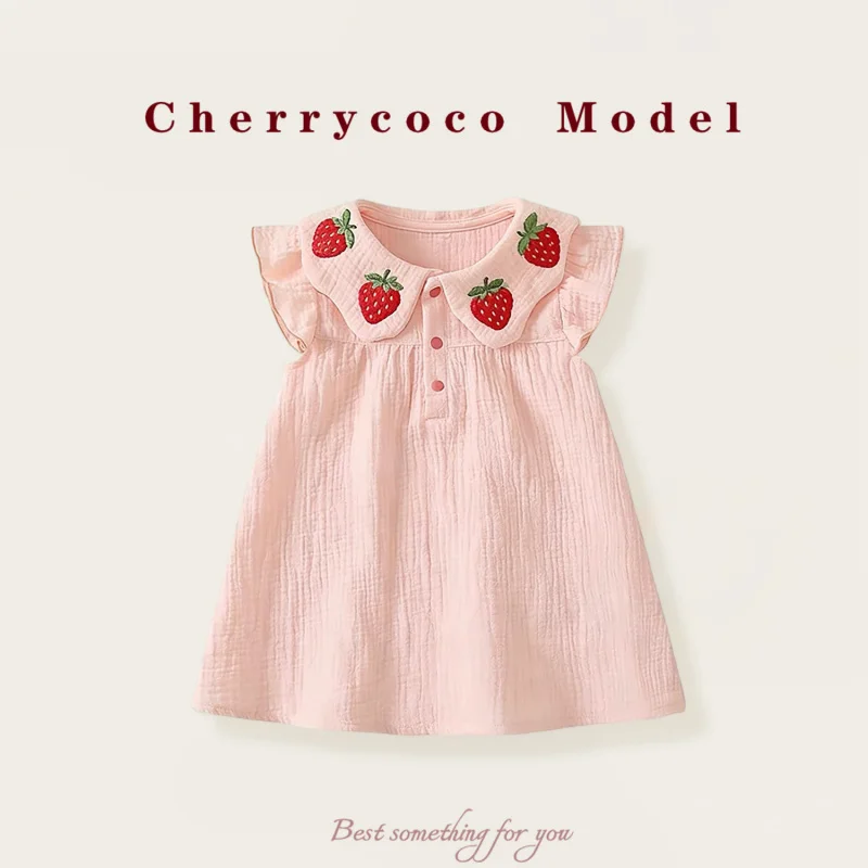 CHERRYCOCOGirls' Summer Dress New Style Baby Girl Strawberry Embroidery Flutter Sleeve Soft Princess Dress