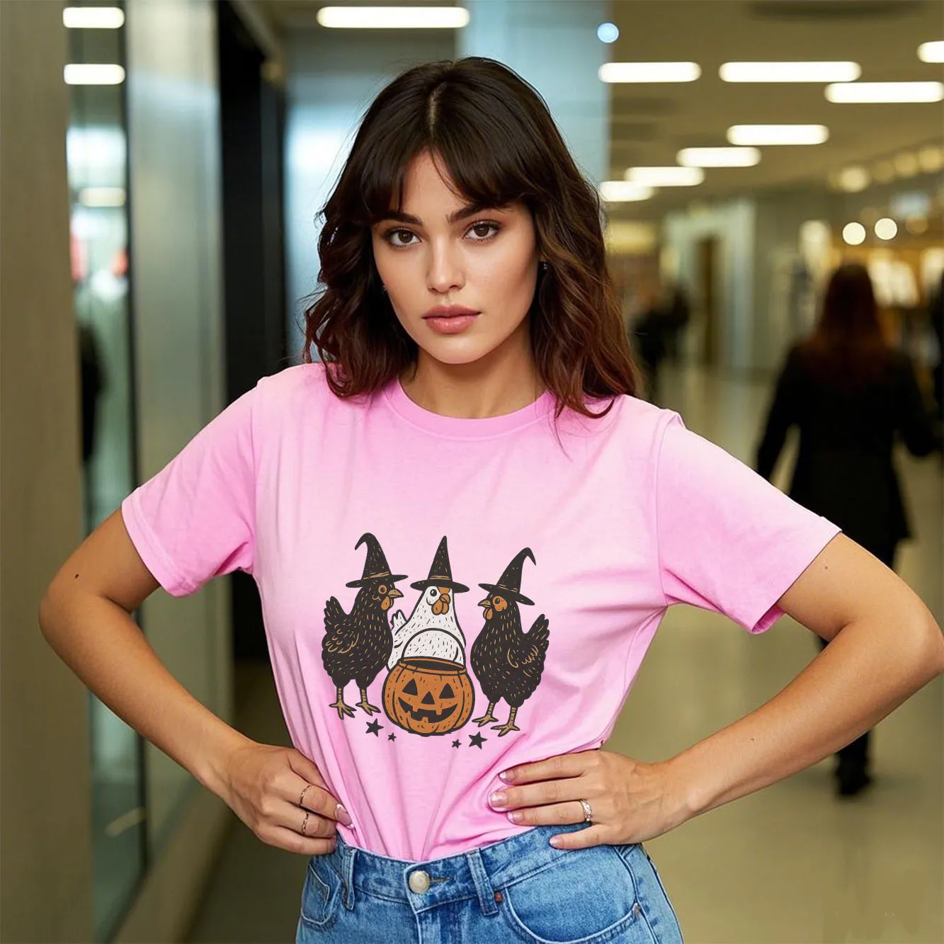 تي شيرت نسائي عصري ومتعدد الاستخدامات بطباعة الهالوين ذو شعبية كبيرة ورقبة دائرية وأكمام قصيرة