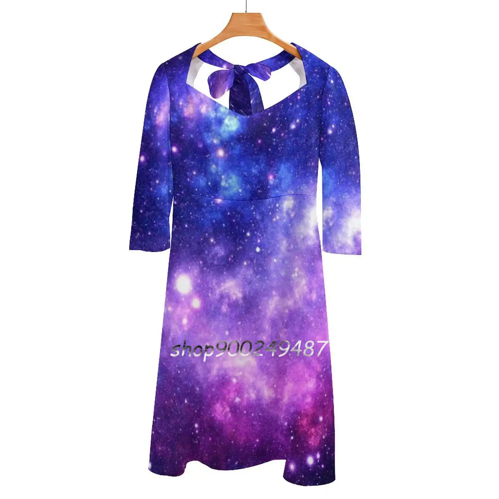 Purple Blue Galaxy Nebula Sweetheart Knot Flared Dress Fashion Design Large Size Loose Dress Purple Blue Indigo Fuchsia Magenta