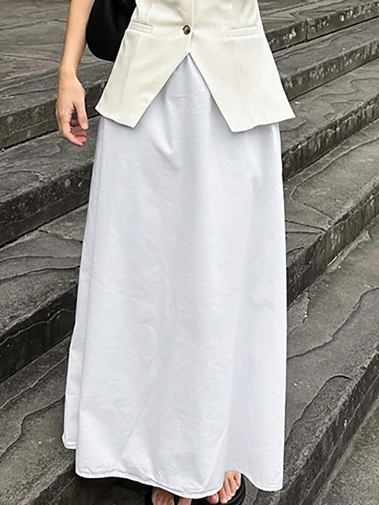 White Cotton Skirt Women Basic Casual A line High Waist  Midi Skirts Pleated Elegant Office Lady Buttoms Zipper Skirts Summer