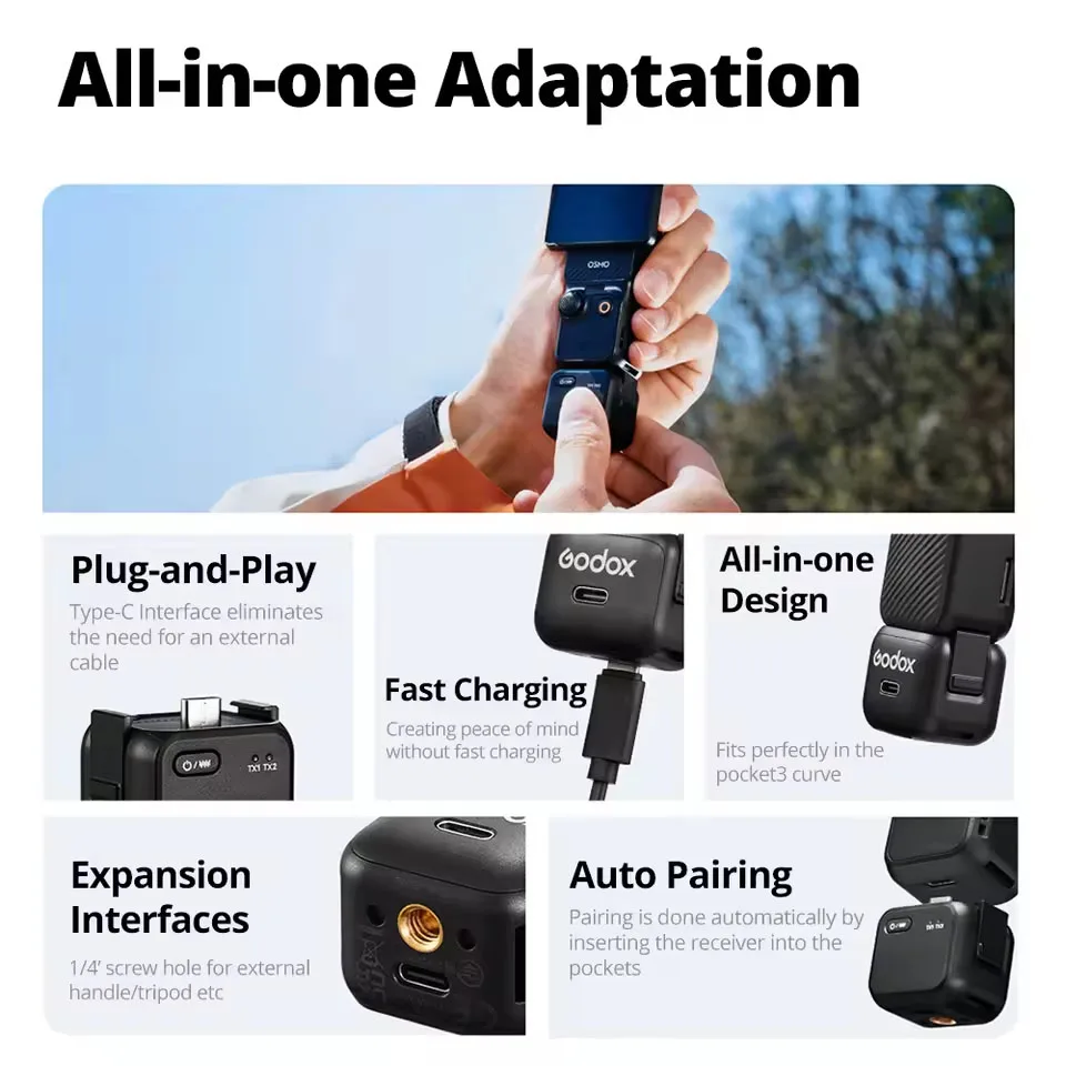 Godox Cube-OP3 Kit 2.4G Wireless Microphone 200m Low Latency Transmission Noise Reduction Mic for DJI Osmo Pocket 3