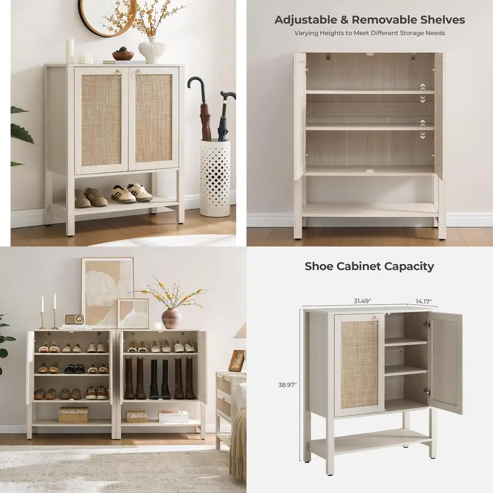 5-tier farmhouse boho shoe organizer storage cabinet with shelves and doors, tall shoe storage