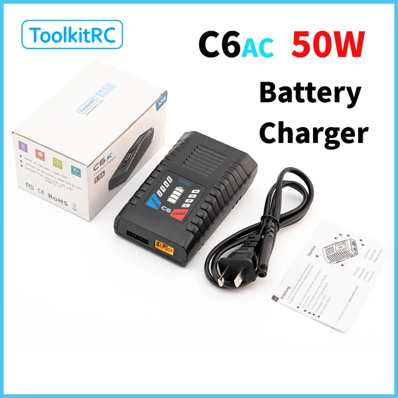 

ToolkitRC C6 50W Lipo Battery Balance Charger for 1-6S XT60 Lipo / LiHV / LiFe Battery RC Model Charger Built-in Power Supply